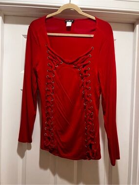 VENUS Red Lace-Up Long Sleeve Top with Eyelet Detailing